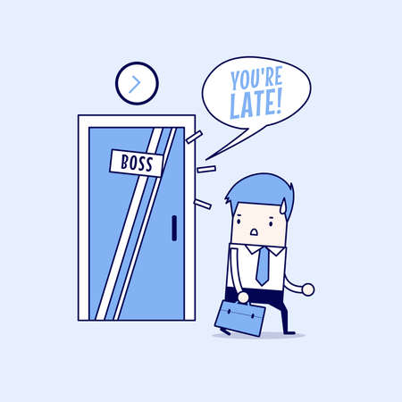 Businessman working late. Walking through the boss room and was warned by boss. Cartoon character thin line style vector.のイラスト素材