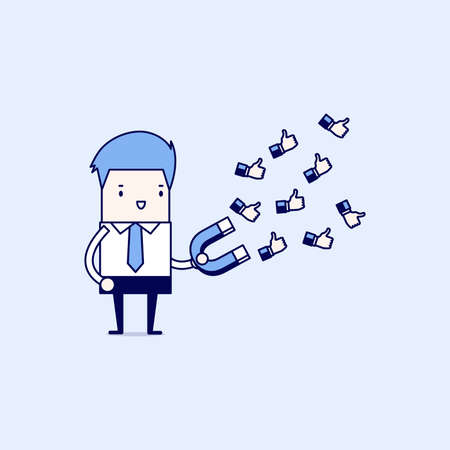 Businessman using huge magnet attract a lot of positive feedback. Cartoon character thin line style vector.のイラスト素材