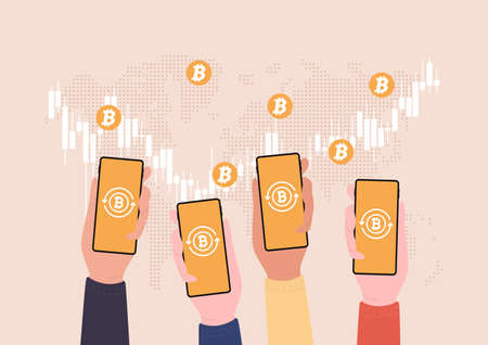 Hands holding mobile with Bitcoins on world map modern web money networking technology crypto...