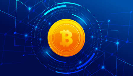 Golden Bitcoin on blue background banner template design. Bitcoin currency. International stock exchange. Network bitcoin marketing vector.のイラスト素材