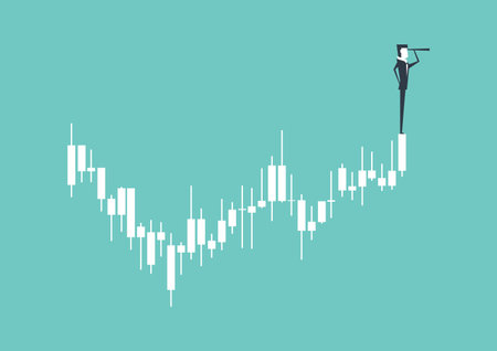 Businessman looking through telescope on the top of the finance candle graph.のイラスト素材