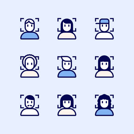 Face recognition system id icons set. Simple set of face recognition system id vector icons for web design.のイラスト素材