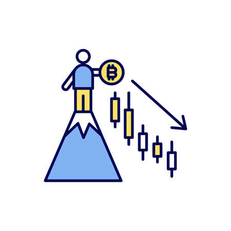A man with a Bitcoin stands on the top of the hill but the price chart goes down. Cryptocurrency market falling.のイラスト素材