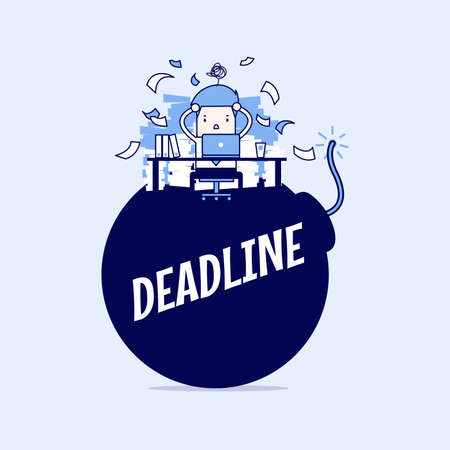 Businessman in hard work and sitting on deadline bomb. A lot of work. Stress at work. Cartoon character thin line style vector.のイラスト素材