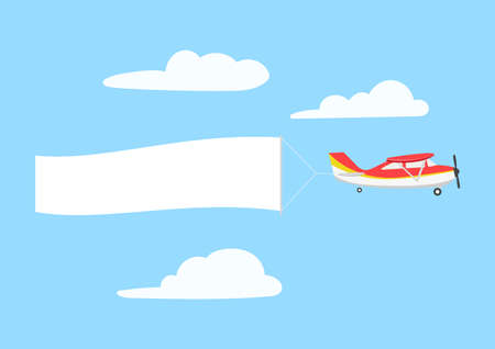 Retro aircraft with ribbon banner advertising, in the sky above the clouds.のイラスト素材