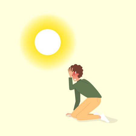 Hot weather. Man got sunburn in very hot summer days.のイラスト素材