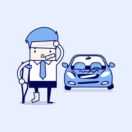 Businessman be injured with car accident. Cartoon character thin line style vector.のイラスト素材