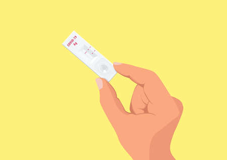 Hand holding Rapid kits of Covid-19 Ag test or ATK on yellow background.のイラスト素材