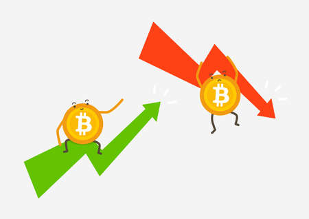 Bitcoin in bullish or bearish market trend in crypto currency. Green up or red down arrow graph. Cryptocurrency cartoon concept.のイラスト素材