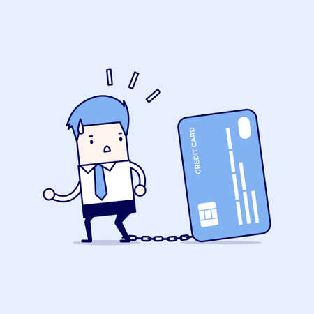 Businessman with foot chained to bank credit card trying to escape. Cartoon character thin line style vector.のイラスト素材