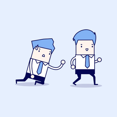 Businessman walks away from coworker crawling on the floor and calling out for help. Cartoon character thin line style vector.のイラスト素材