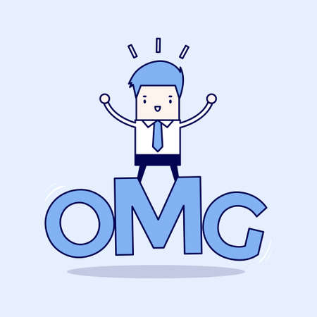 Businessman surprise stand on oh my god word. Cartoon character thin line style vector.のイラスト素材
