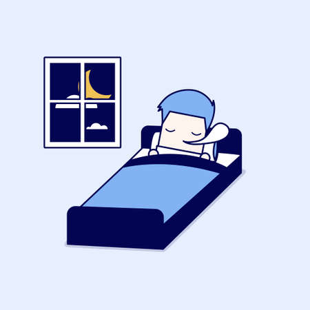 Man is sleeping on the bed. Cartoon character thin line style vector.のイラスト素材