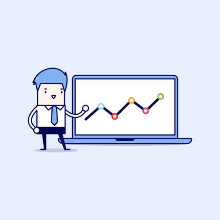 Businessman pointing at graph in laptop. Cartoon character thin line style vector.のイラスト素材