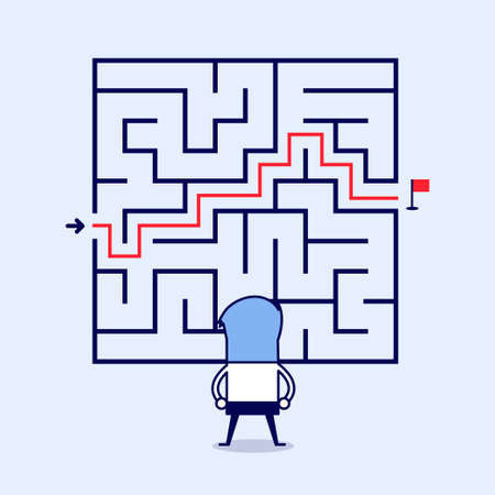 Businessman standing in front of a maze with a solution to success. Cartoon character thin line style vector.のイラスト素材