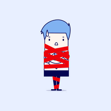 Businessman caught in red tape. Cartoon character thin line style vector.
