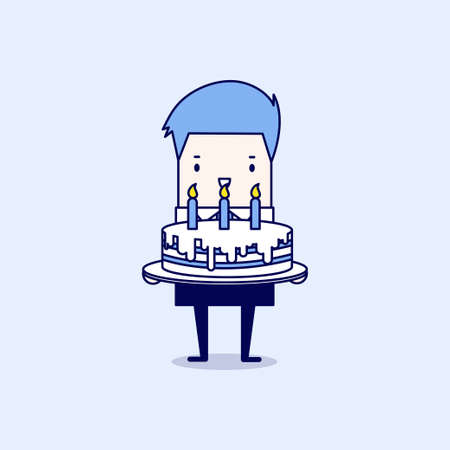 Businessman with a big cake. Cartoon character thin line style vector.のイラスト素材