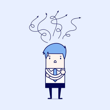 Businessman thinking of choice. Decision concept. Cartoon character thin line style vector.のイラスト素材