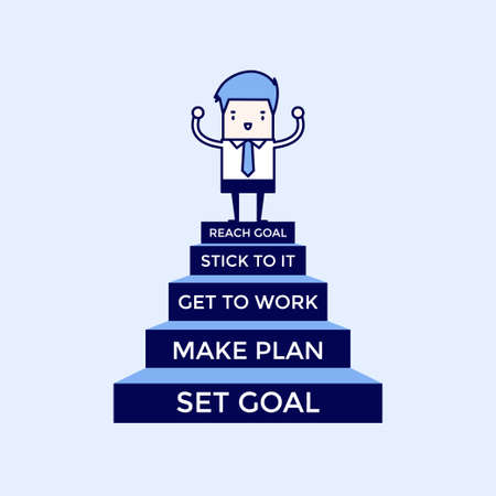 Businessman going up to success, 5 step for success. Cartoon character thin line style vector.のイラスト素材