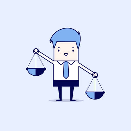 Businessman carrying a balance scale with both hands. Cartoon character thin line style vector.のイラスト素材