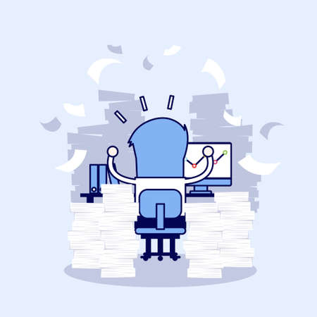 Businessman very busy on office table. work hard concept. Cartoon character thin line style vector.のイラスト素材