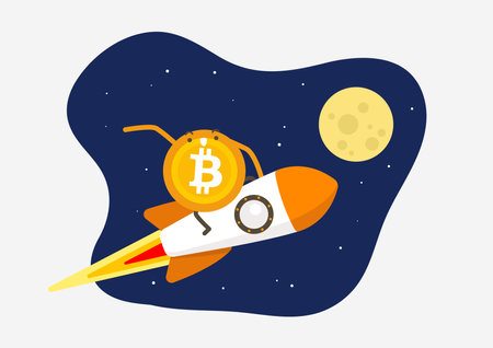 Bitcoin flies on the rocket to the Moon. Cryptocurrency cartoon concept.のイラスト素材