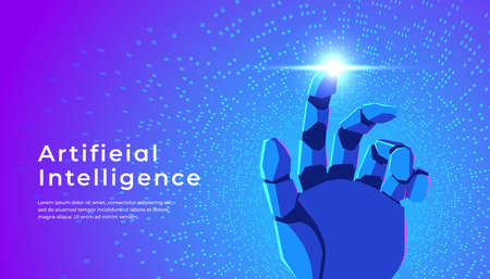 Robot hand pointing. Bionic gestures digital hand touching on screen holographic button futuristic concept.のイラスト素材
