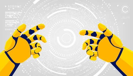 Virtual reality background with first-person perspective and robot hands. Metaverse gaming concept.のイラスト素材