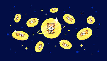 Baby Doge Coin (BabyDoge) coins falling from the sky. BabyDoge cryptocurrency concept banner background.のイラスト素材