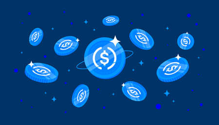 USD Coin (USDC) falling from the sky. USDC cryptocurrency concept banner background.のイラスト素材