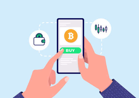 Hand buying bitcoin cryptocurrency on mobile phone application.のイラスト素材