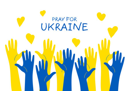 Pray for Ukraine banner concept. People's hands support Ukraine.のイラスト素材
