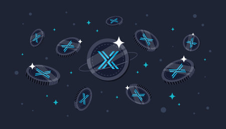 Immutable X (IMX) coins falling from the sky. IMX cryptocurrency concept banner background.のイラスト素材