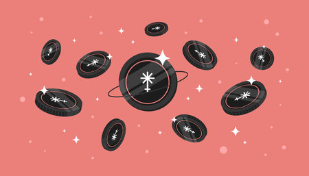 JUNO coins falling from the sky. JUNO cryptocurrency concept banner background.のイラスト素材