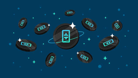 Theta Network (THETA) coins falling from the sky. THETA cryptocurrency concept banner background.のイラスト素材