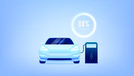 EV Car or Electric charging at the charger station with the power cable supply plugged in on blue background.のイラスト素材