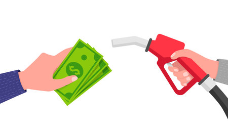 Payment for fuel, buying petrol concept. Fuel pump in hand man in exchange for money.のイラスト素材