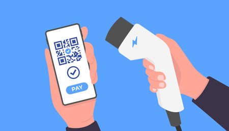 Charge an electric car with the scan app. Mobile payment, Cashless society concept.のイラスト素材