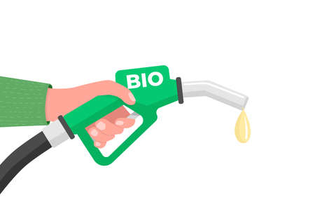 Hand holding a fuel nozzle with the inscription BIO. Biofuel concept vector.のイラスト素材