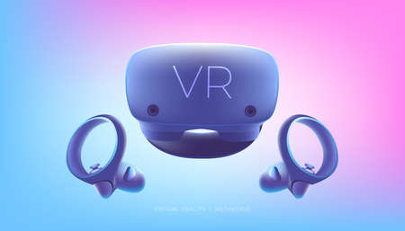 Virtual reality headset and controllers for gaming. VR helmet. Metaverse technology concept.のイラスト素材