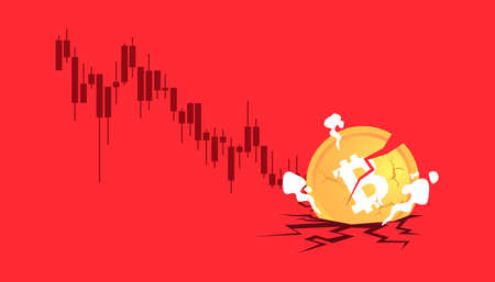 Bitcoin price going down. Bitcoin price falls to all time low. Bitcoin crash design. Vectorのイラスト素材