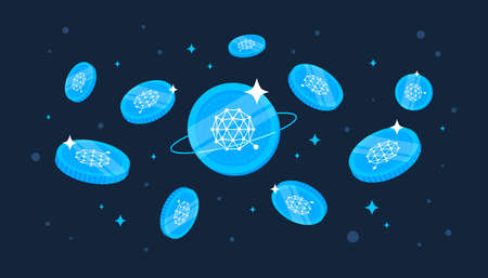 QTUM coins falling from the sky. QTUM cryptocurrency concept banner background.