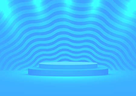 Empty podium studio blue background for product display with copy space. Showroom shoot render. Banner background for advertise productの写真素材