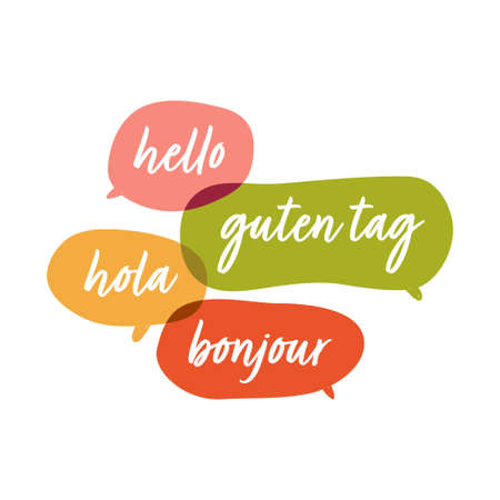 Hola, guten tag, bonjour, hello. Social network or bilingual translation concept. vector illustrationのイラスト素材