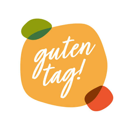 Hello in German Guten tag. Bubble talk phrases. Hand drawn doodle speech bubbles. Orange thought bubbles. Vector illustrationのイラスト素材