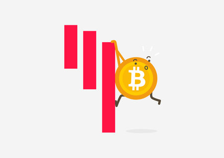 Bitcoin coin keeps on the downtrend bar. Cryptocurrency cartoon concept.のイラスト素材