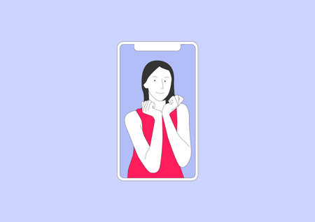 Cute woman posing for a video on mobile screen.のイラスト素材