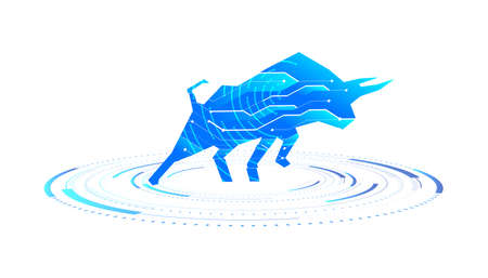 Bullish market, Bull with digital electronic graphic for new technology blockchain currency.のイラスト素材