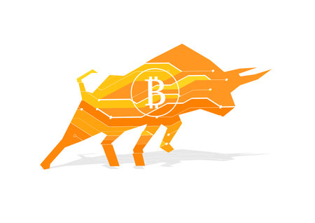 Bitcoin crypto currency bullish market, Bull with digital electronic graphic for new technology blockchain currency.のイラスト素材