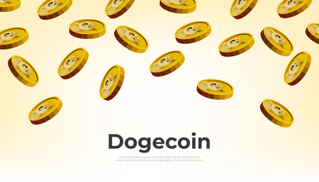 Dogecoin (DOGE) coin falling from the sky. DOGE cryptocurrency concept banner background.のイラスト素材